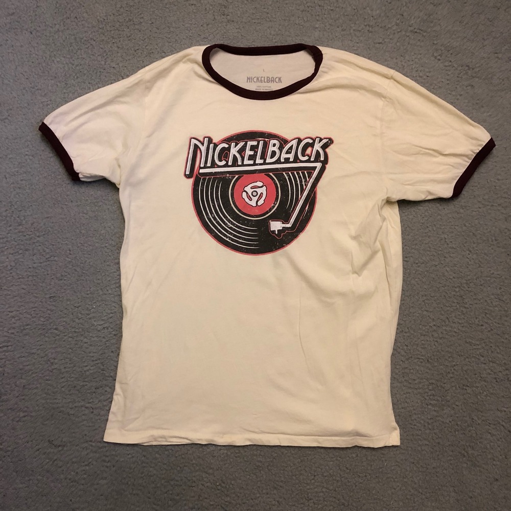 Nickelback Band Ringer Tee Cream Maroon Record Player Graphic Mens Large Rock